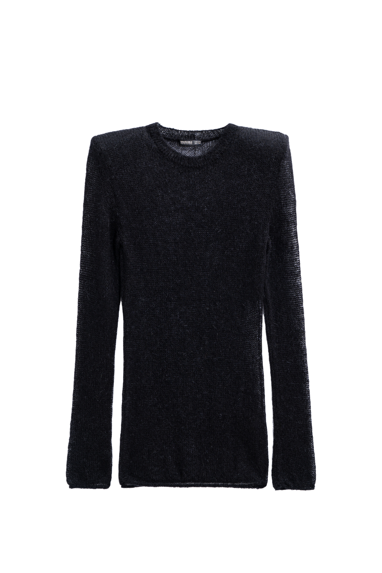 Полупрозрачный трикотажный джемпер из шерсти с добавлением мохера. Модель по фигуре с круглым вырезом горловины. Изделие с подплечниками.