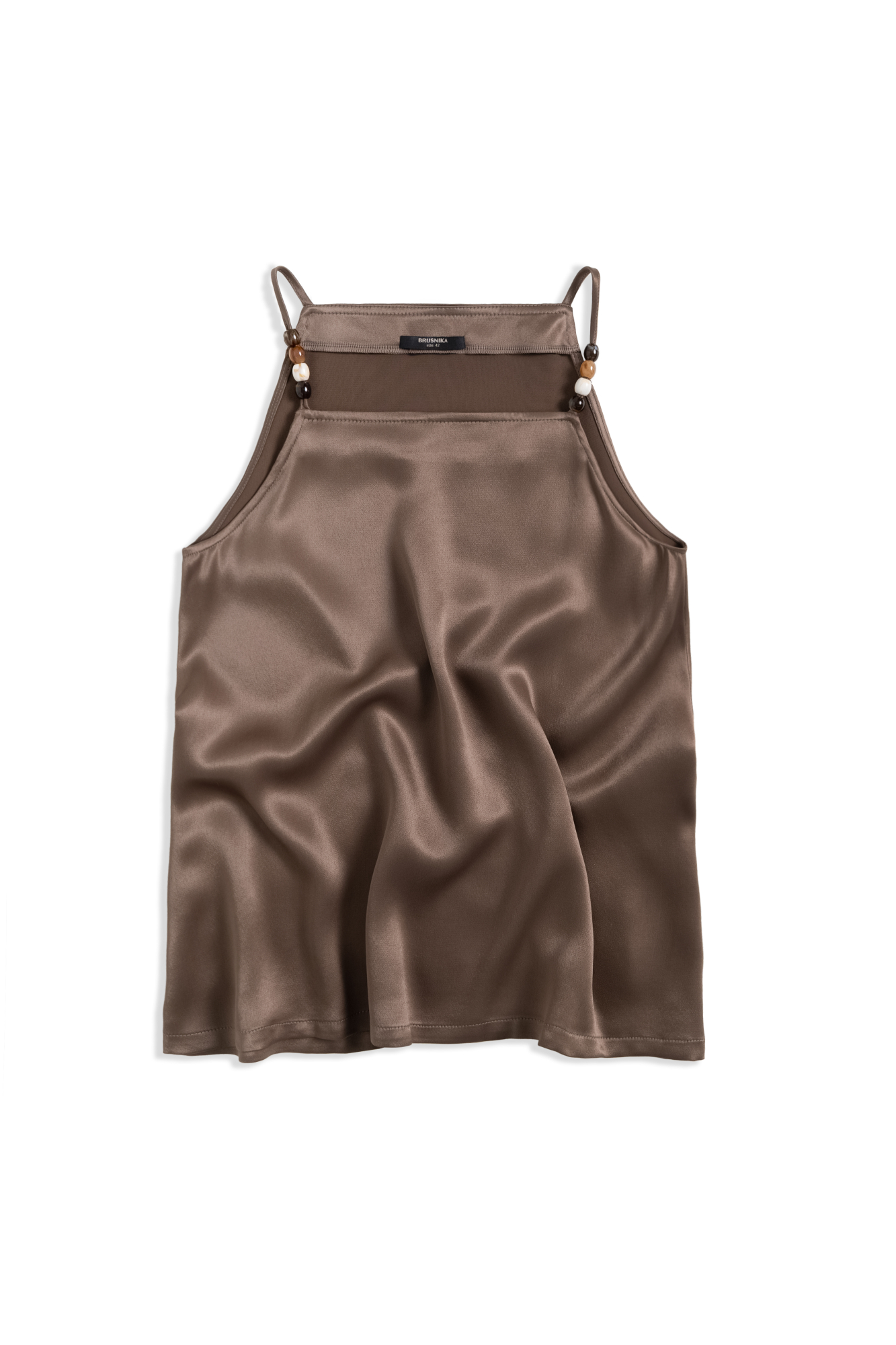 Атласный топ из вискозы. Модель свободного силуэта, с прямым неглубоким вырезом, на тонких бретельках, декорированных бусинами.