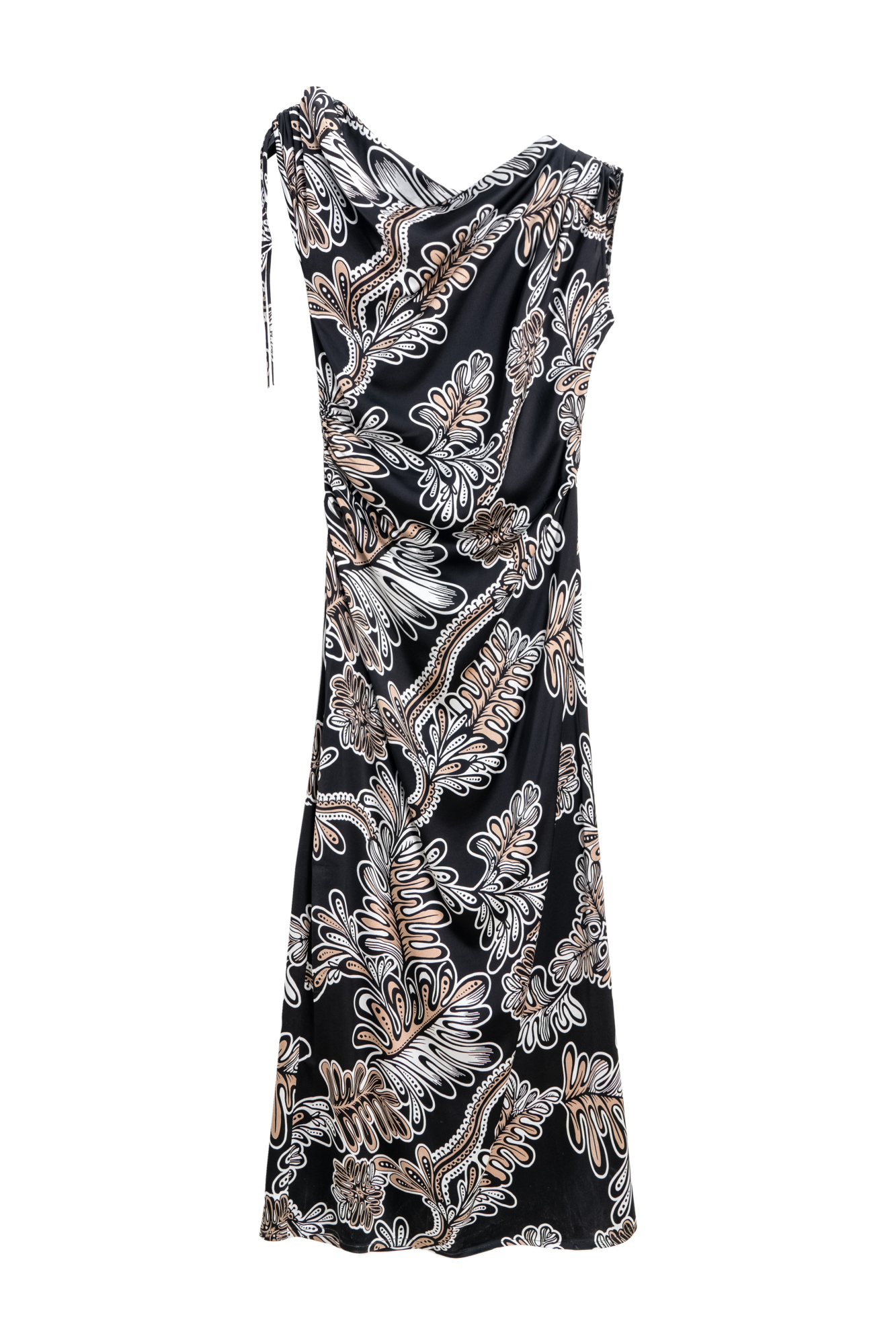 Принтованное платье длины макси из атласной вискозы. Модель приталенного силуэта, с ассиметричным вырезом, драпировкой и кулиской на плече.