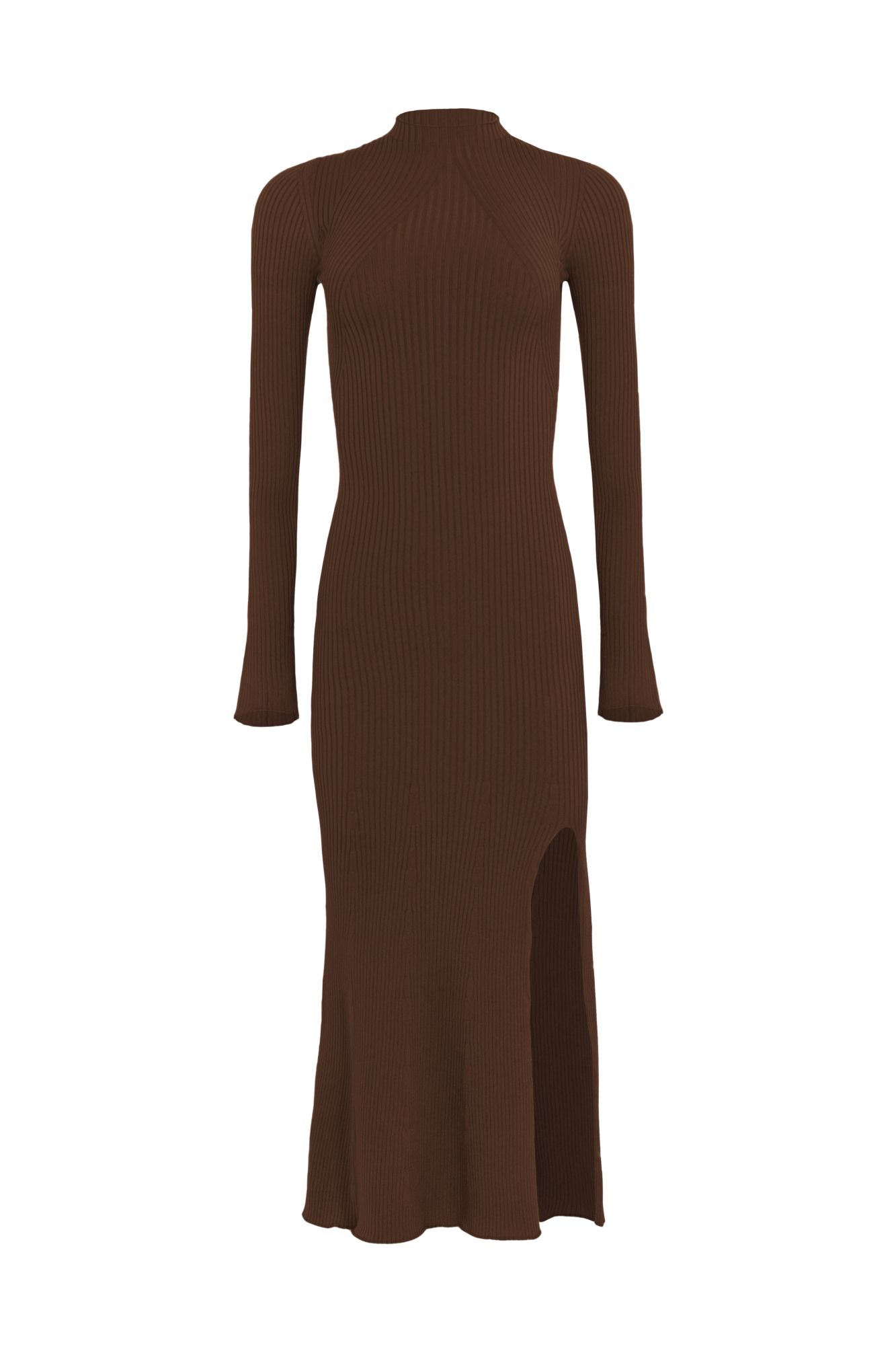 Цельновязаное платье из вискозы, длинные рукава с разрезом расширенные к запястью. Элегантный разрез на левой ноге.