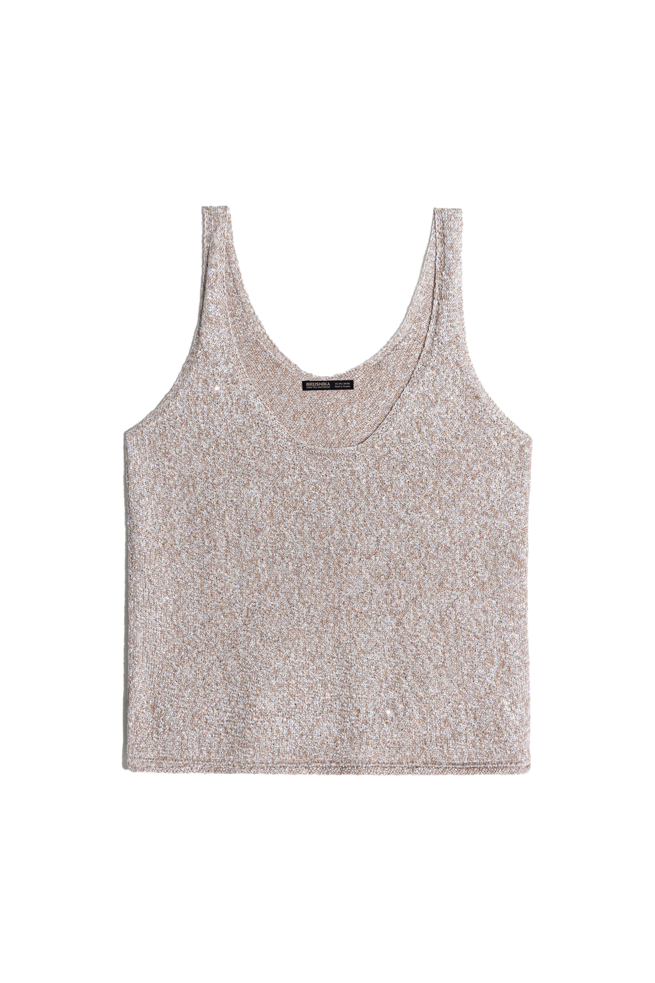Трикотажный топ из хлопка с пайетками. Модель прямого кроя, на бретельках, с глубоким вырезом горловины.