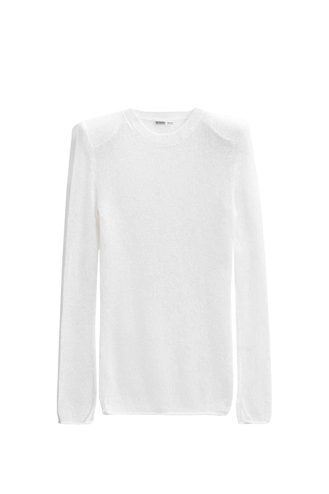 Полупрозрачный трикотажный джемпер из шерсти с добавлением мохера. Модель по фигуре с круглым вырезом горловины. Изделие с подплечниками.