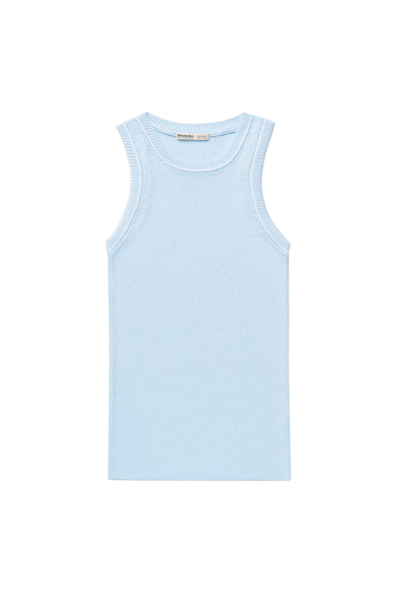 Трикотажный топ из вискозы в рубчик. Модель приталенного силуэта, без рукавов и круглым вырезом горловины. Изделие декорировано строчкой контрастного цвета.