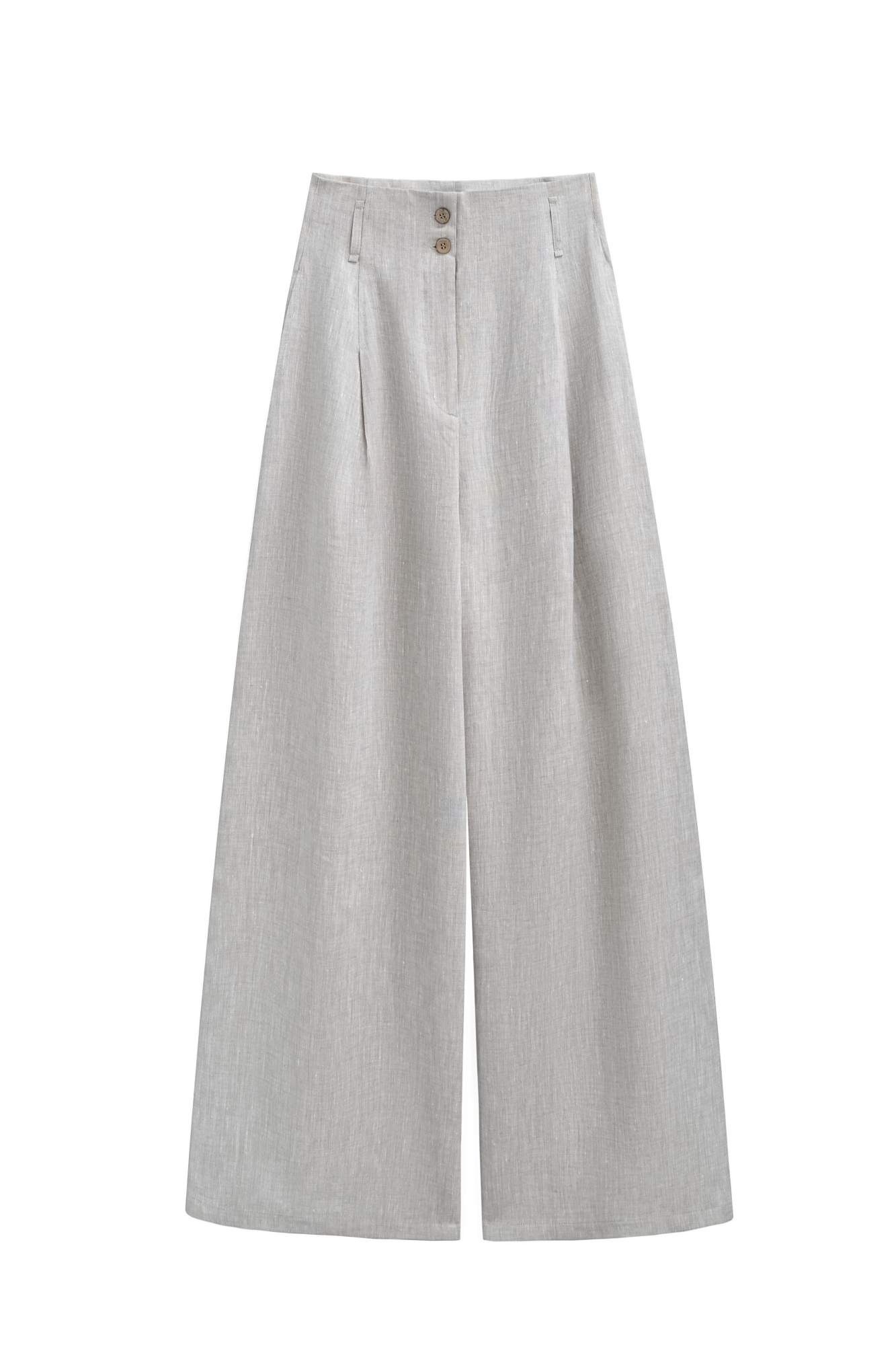 Широкие брюки из 100% льна с высокой посадкой. Модель прямого кроя с защипами и боковыми карманами. Шлевки на поясе для ремня. Застежка на молнию и две пуговицы.