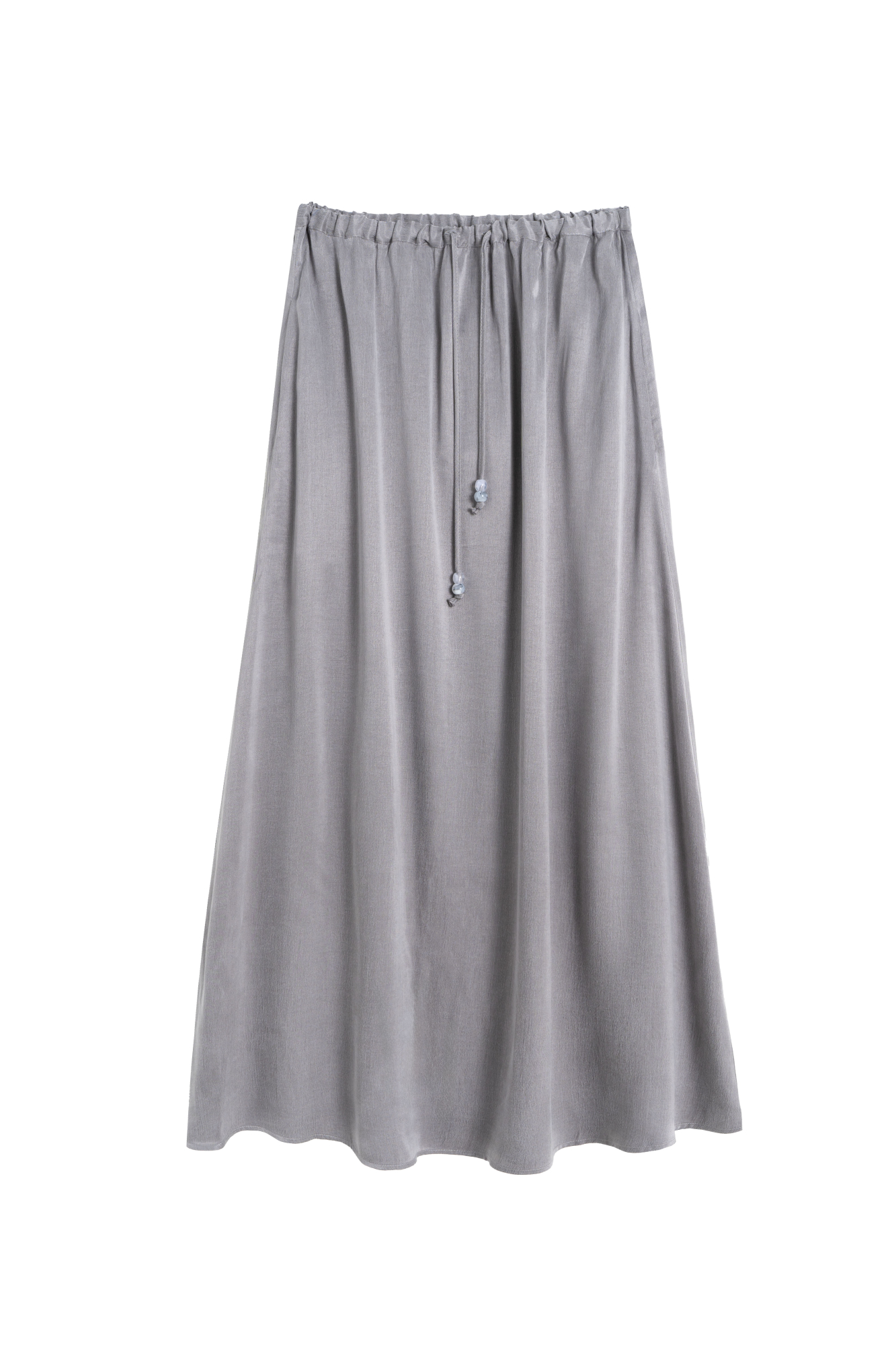Юбка длины макси из купры. Модель свободного силуэта на кулиске с поясом, декорированным бусинами.