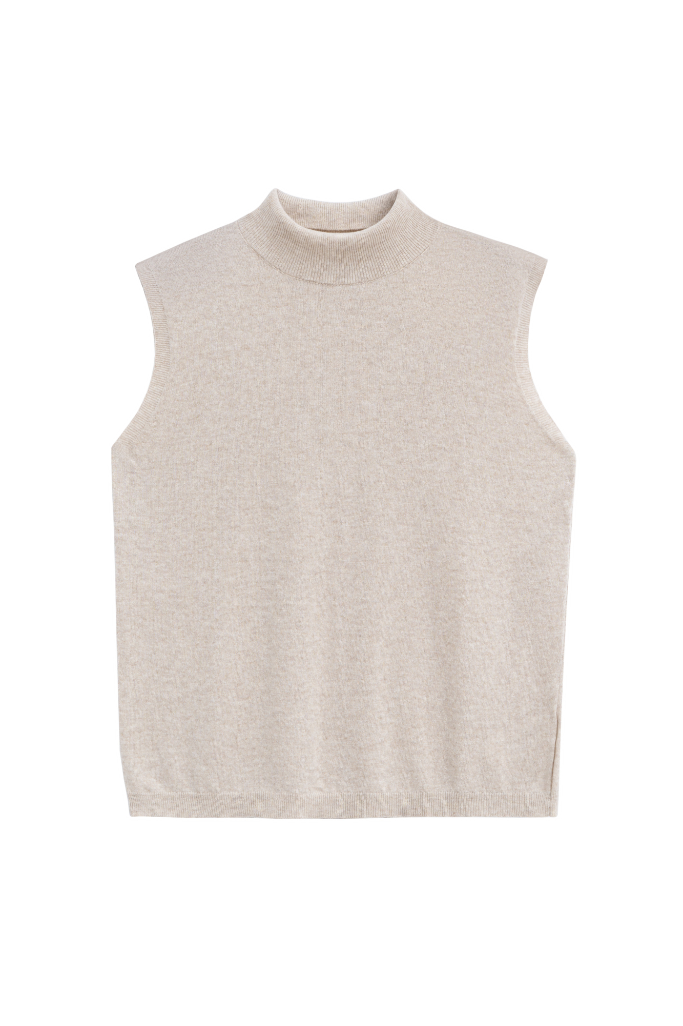 Трикотажный жилет из кашемира и шерсти. Модель без рукавов с воротником-стойкой, выполненным в тонкий рубчик.