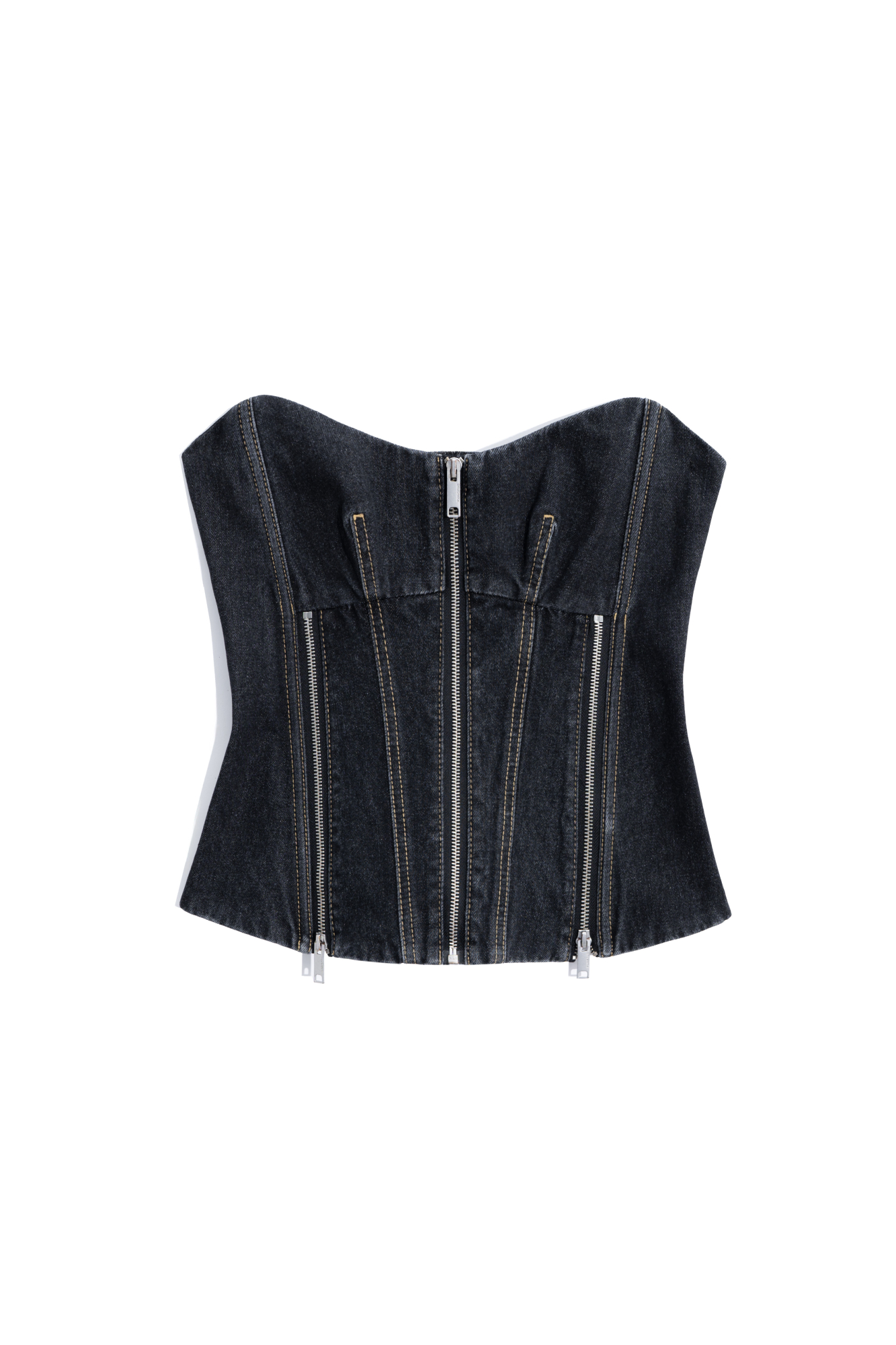 Джинсовый корсет из 100% хлопка. Модель приталенного силуэта с акцентной строчкой и застежкой на молнию спереди. Шнуровка на спинке.