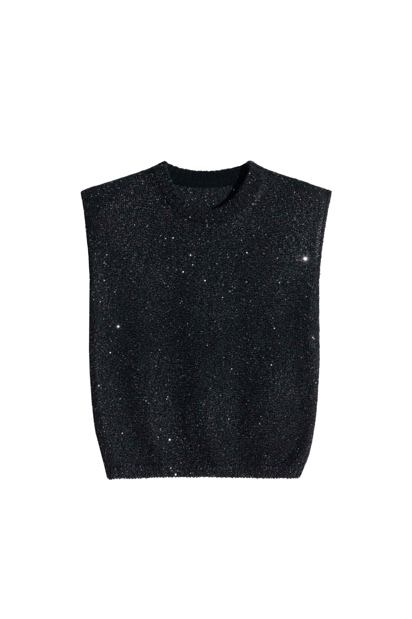 Трикотажный топ из хлопка с пайетками. Модель прямого кроя без рукавов, с круглым вырезом горловины. Края изделия выполнены в рубчик.