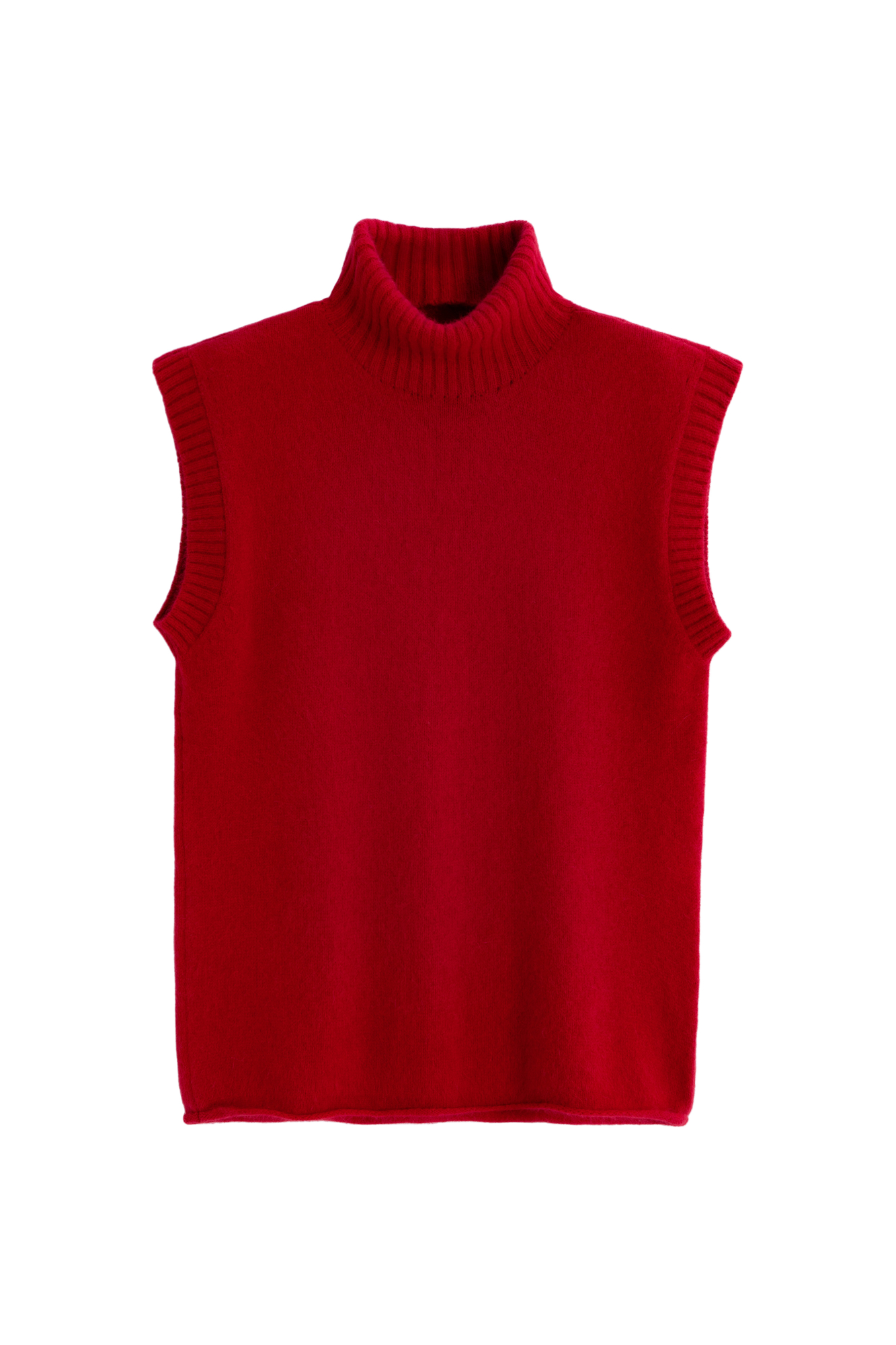 Трикотажный жилет с высоким воротом. Содержание в пряже 40% натурального пуха лисы делает жилет теплым и в тоже время очень легким. Дополнить образ можно юбкой в таком же стиле.