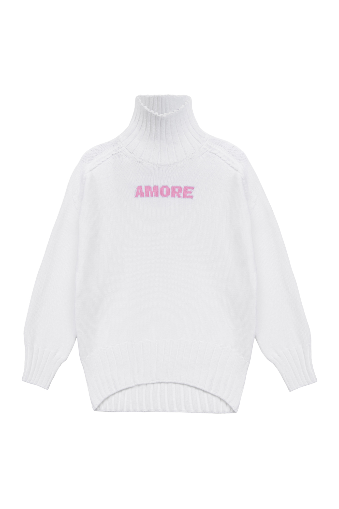 Трикотажный джемпер из 100% хлопка. Модель свободного силуэта со спущенной линией плеч, высоким воротом и вывязанной надписью "Amore" на груди.