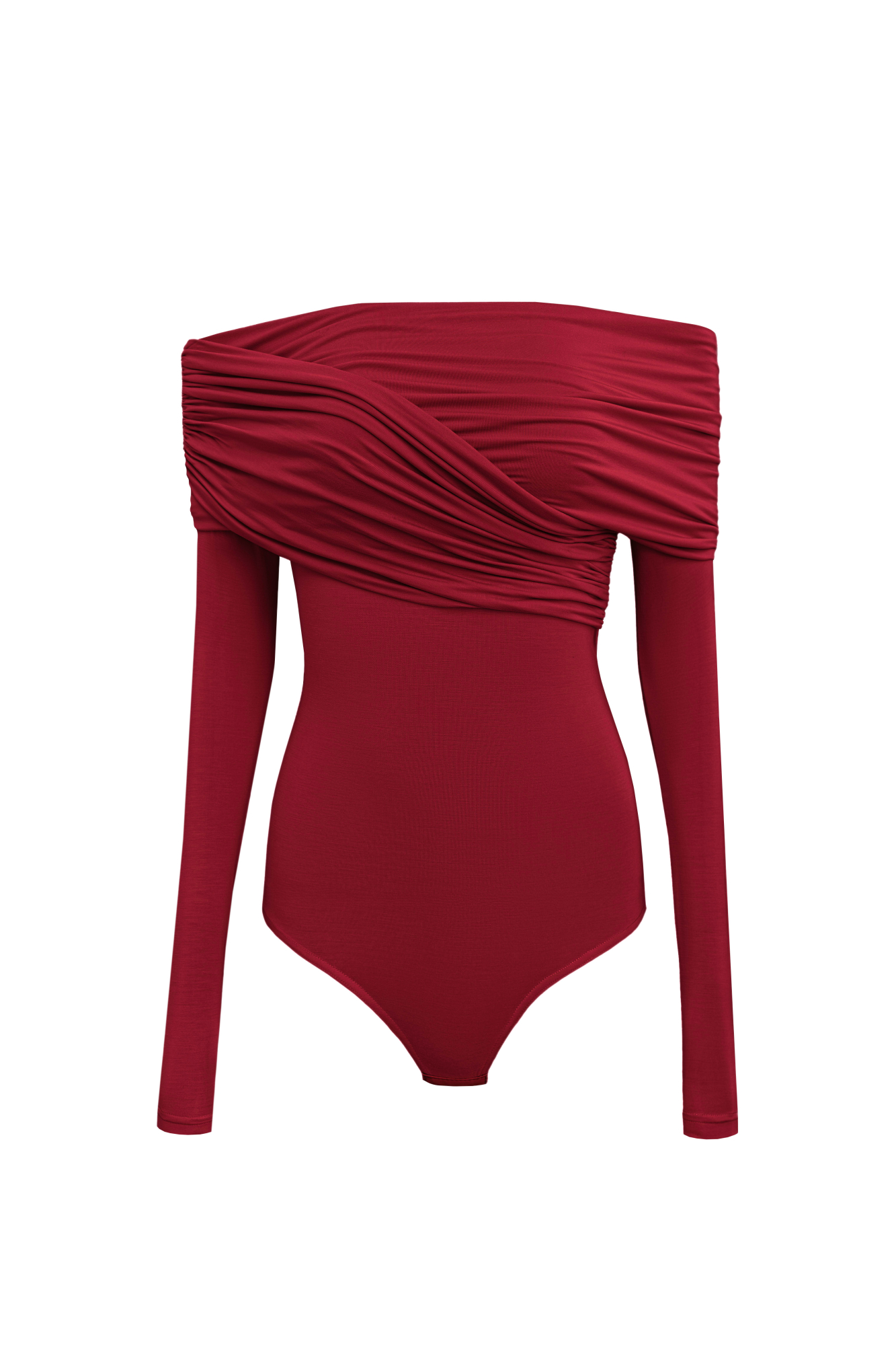 Боди из модала с драпировкой на груди. Модель приталенного силуэта, с длинным рукавом, открытой линией плеч и застежкой на бельевые крючки.