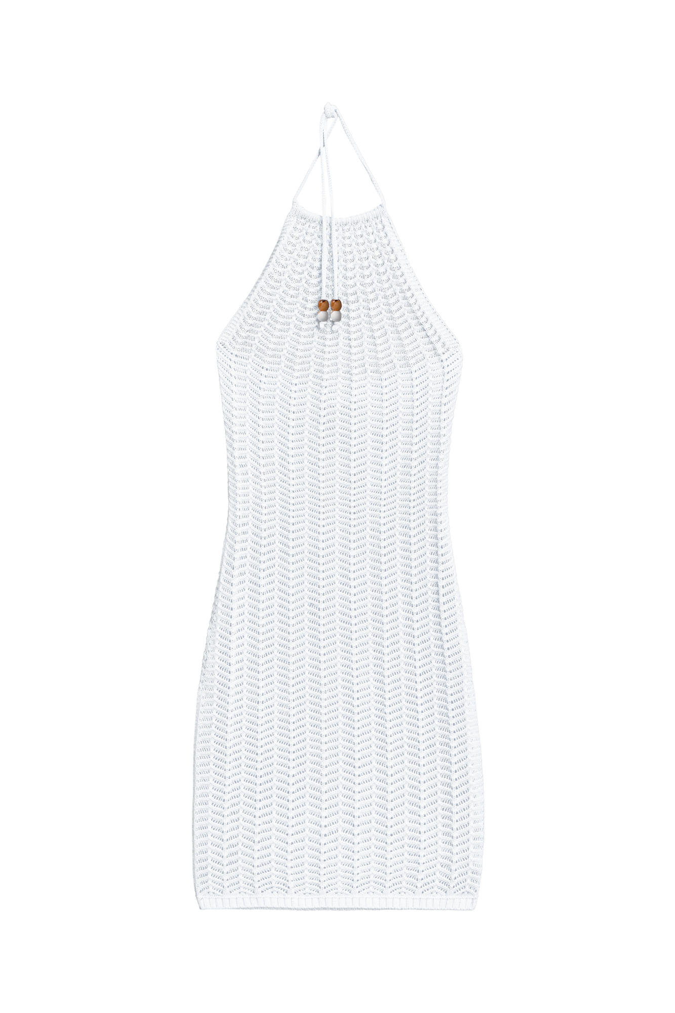 Трикотажное ажурное платье из хлопка. Модель приталенного силуэта, без рукавов, с открытой спиной и вырезом халтер на тонких завязках с бусинами.