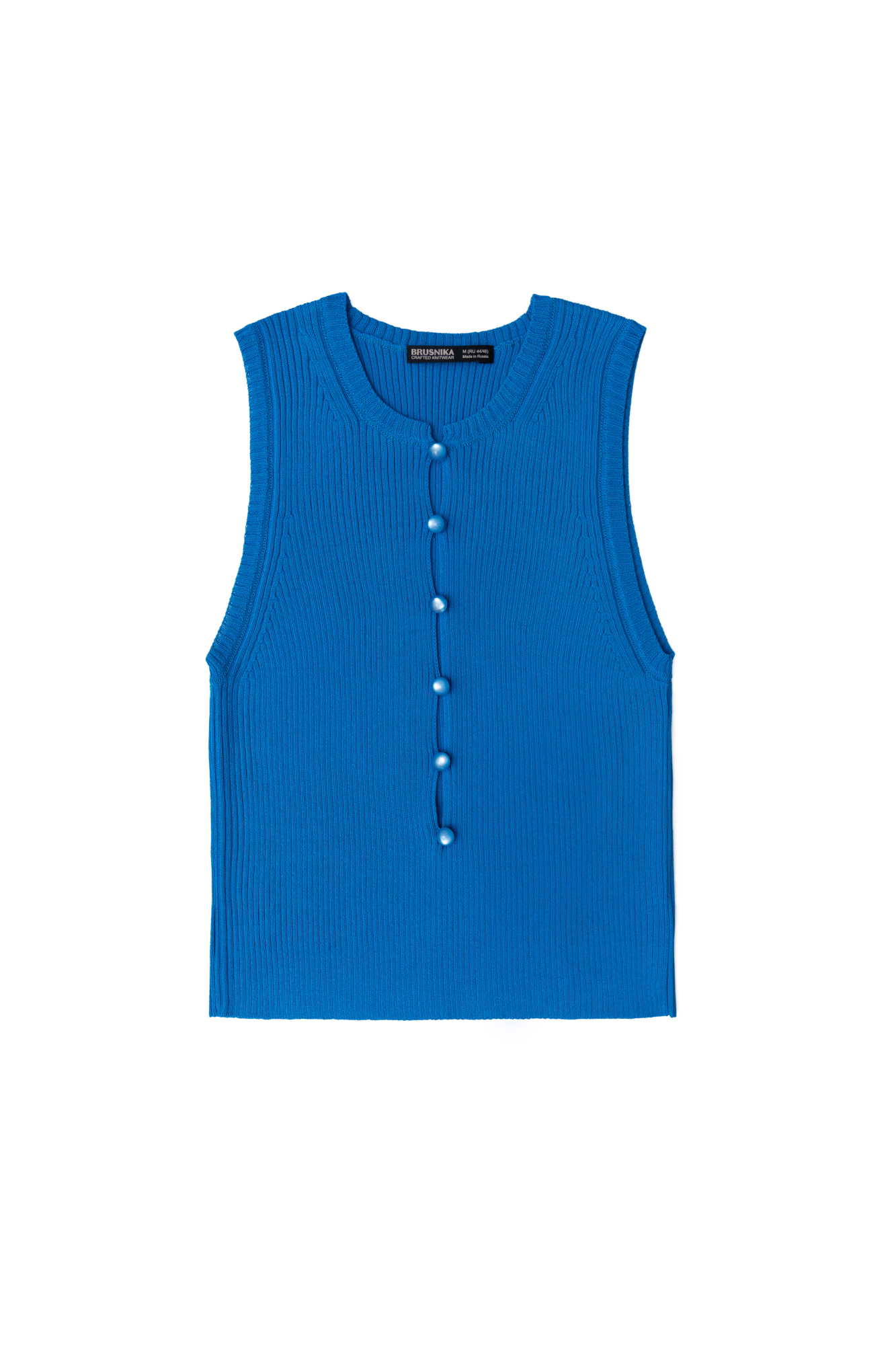 Трикотажный топ без рукавов. Модель с глубоким вырезом на пуговицах.