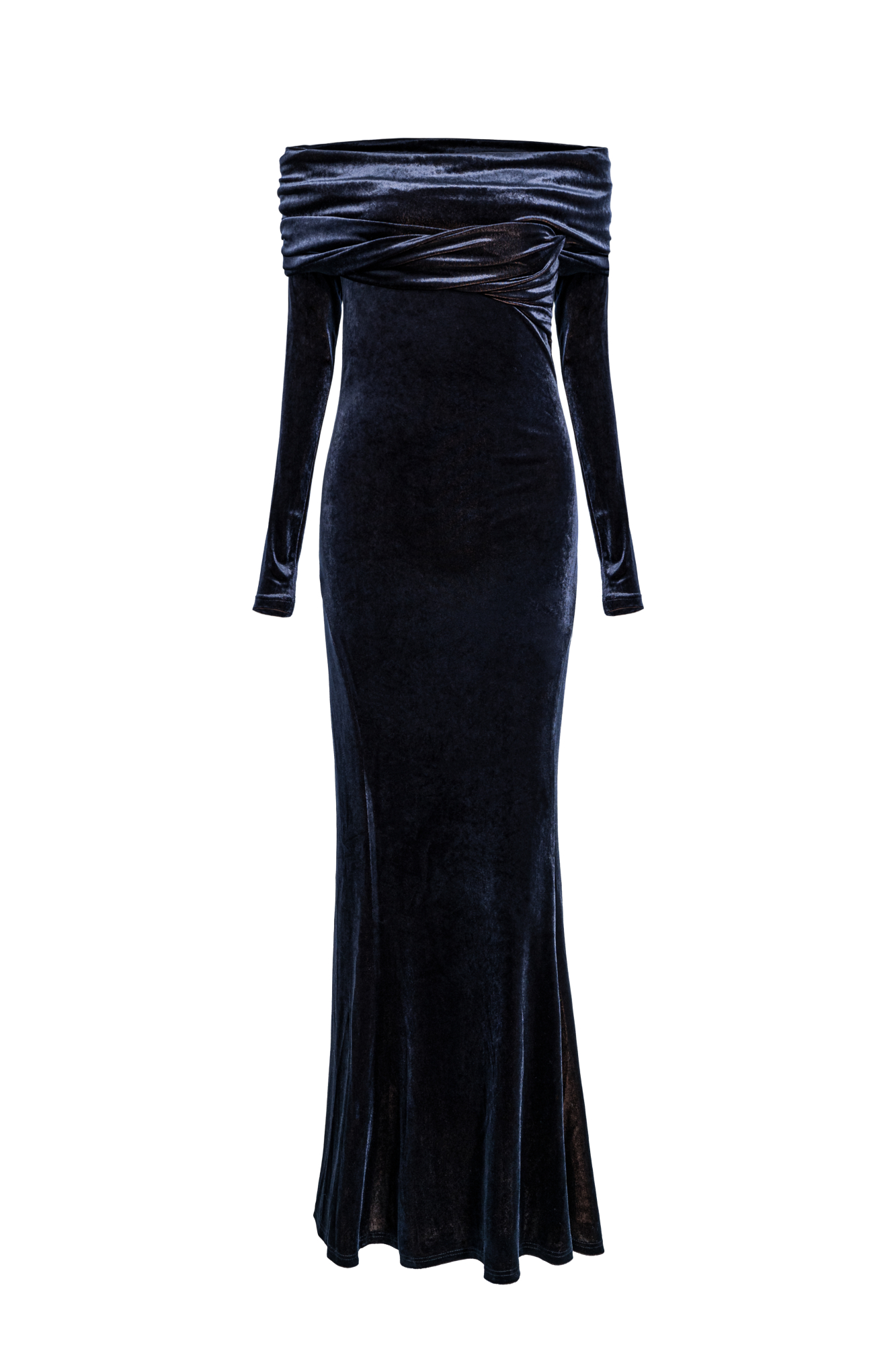 Платье из велюра длины макси. Модель приталенного силуэта с открытой линией плеч и длинными рукавами. Изделие декорировано драпировкой. Благодаря необычной текстуре ткани достигается эффект перелива цвета.