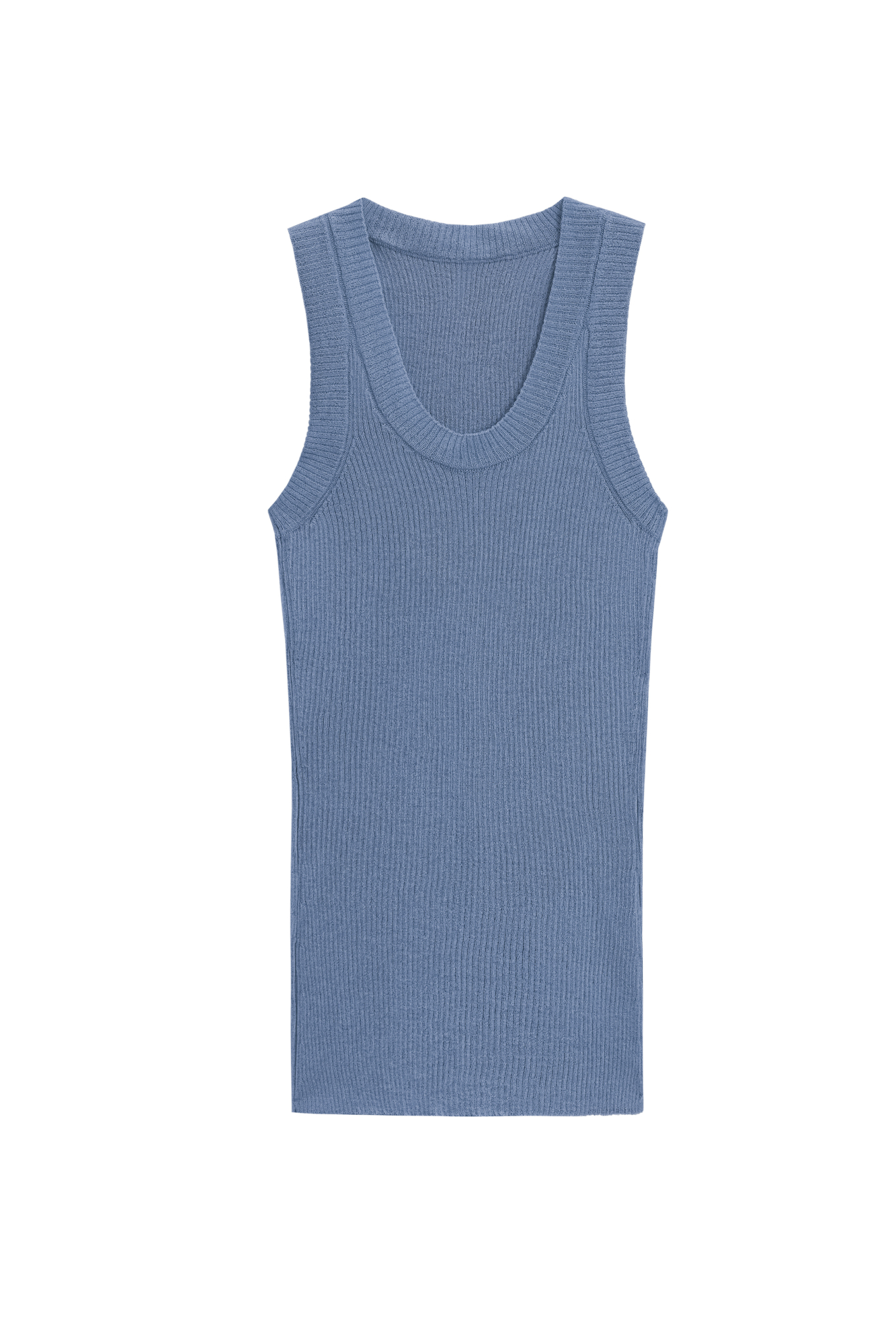 Трикотажный полупрозрачный топ из 100% хлопка. Модель приталенного силуэта, с глубокой проймой и круглым вырезом горловины. Изделие выполнено в рубчик.