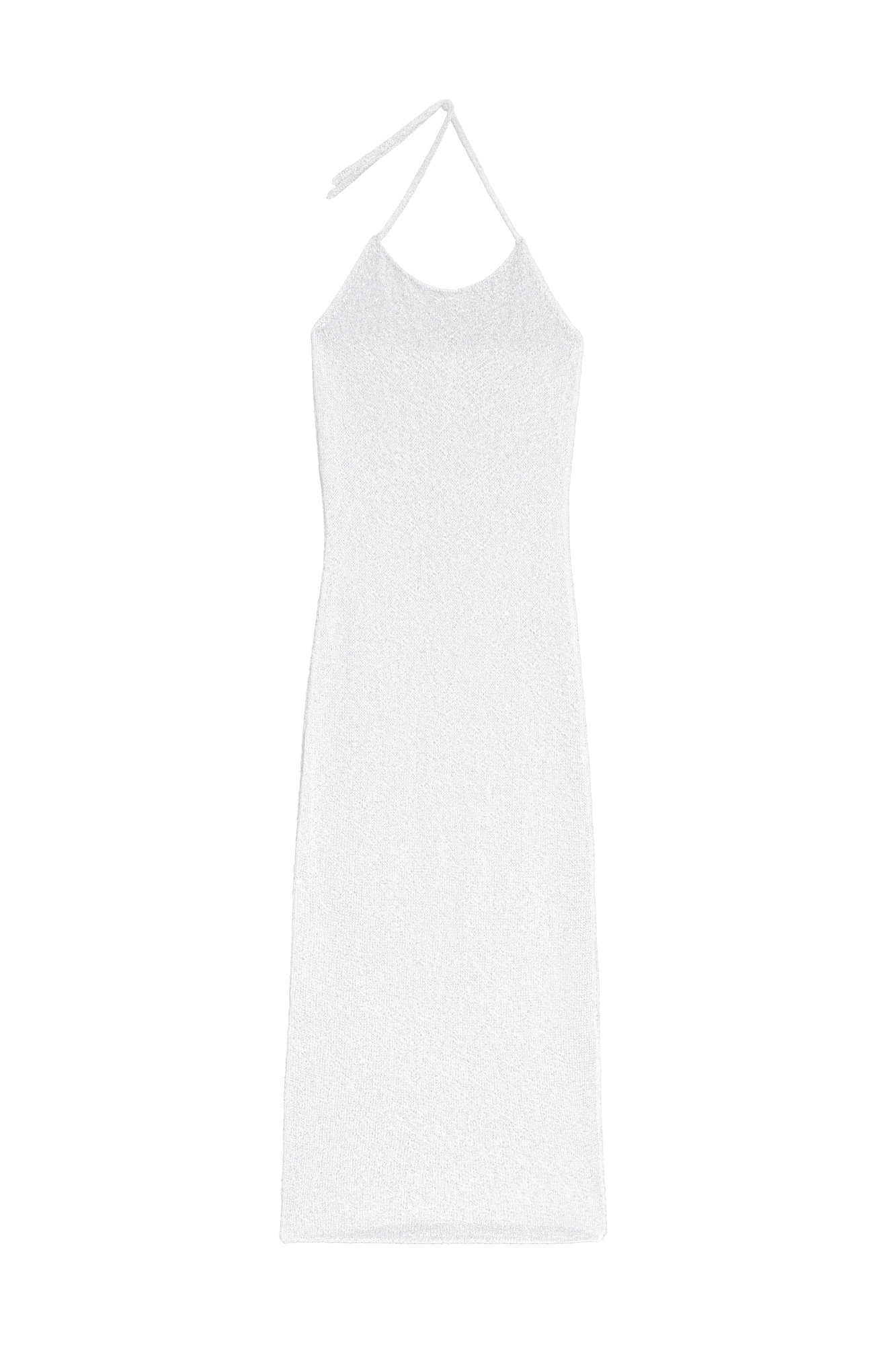 Трикотажное платье длины миди из хлопка с добавлением вискозы. Изделие декорировано мелкими пайетками. Модель прямого кроя с открытой спиной и двумя лямками-завязками на шее. Без подкладки.