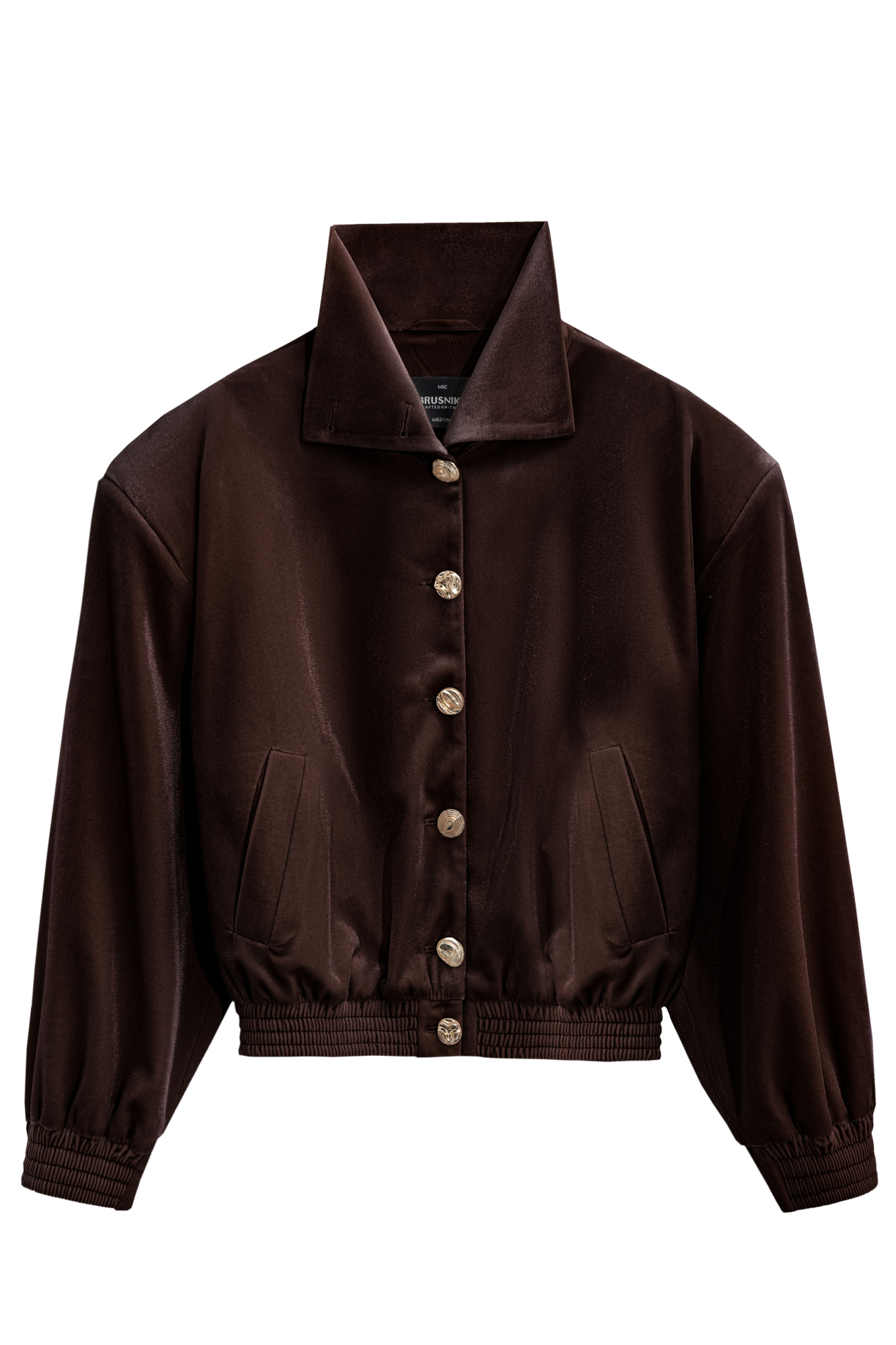 Бархатный бомбер с воротником-стойкой. Модель свободного кроя со спущенной линией плеч и боковыми карманами. Манжеты рукавов и низ изделия выполнены на резинке. Застежка на акцентные пуговицы.