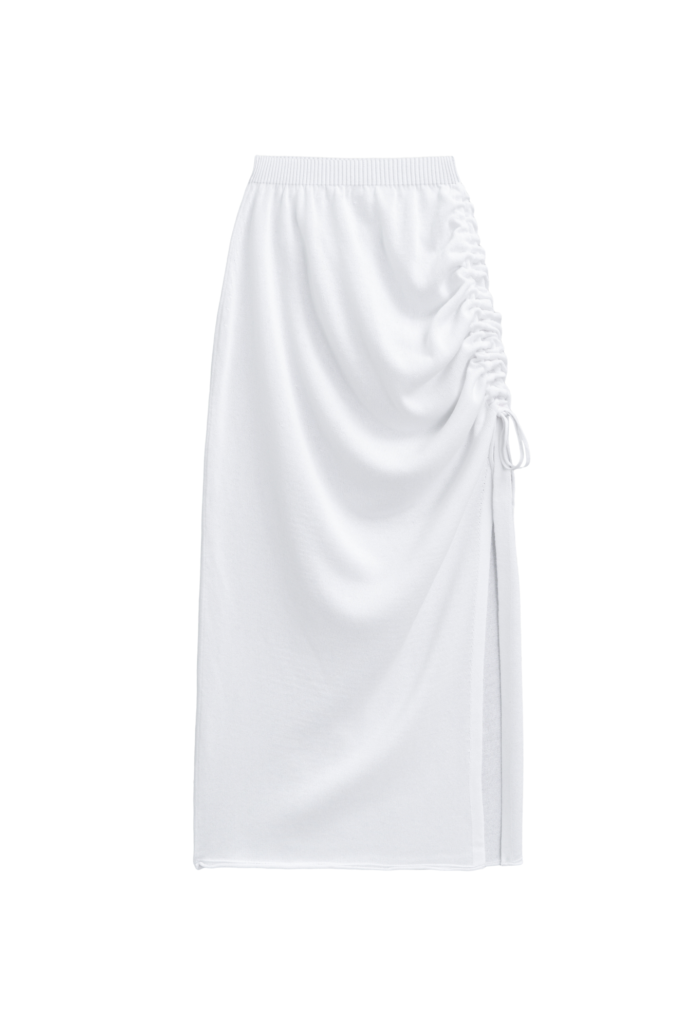 Юбка длины макси из вискозы. Модель приталенного силуэта с широким эластичным поясом на резинке, асимметричной драпировкой и кулиской.