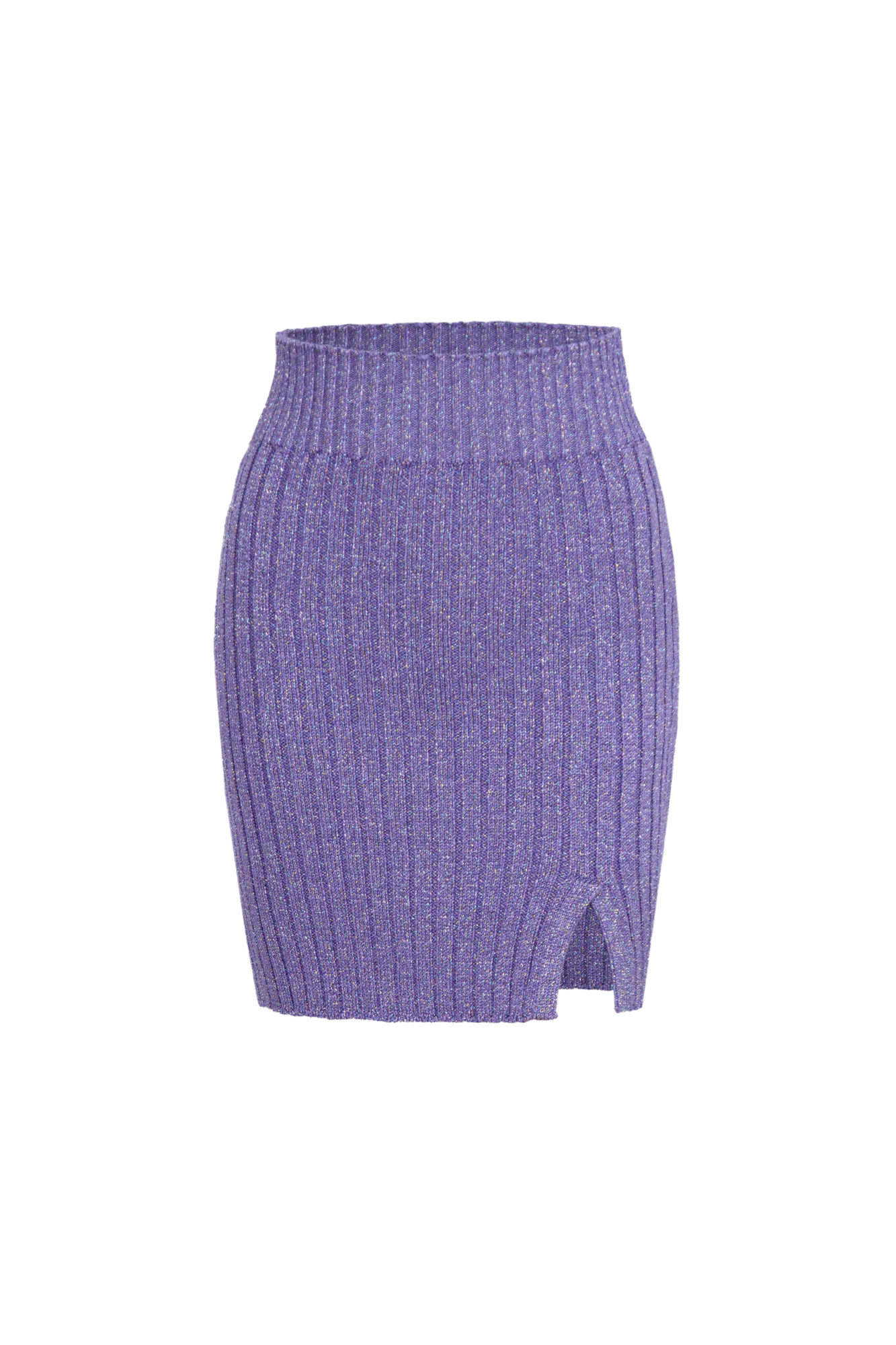 Юбка длины мини из вискозы с добавлением люрекса. Модель приталенного силуэта с широким эластичным поясом и разрезом спереди. Дополнить образ можно топом в таком же стиле. 