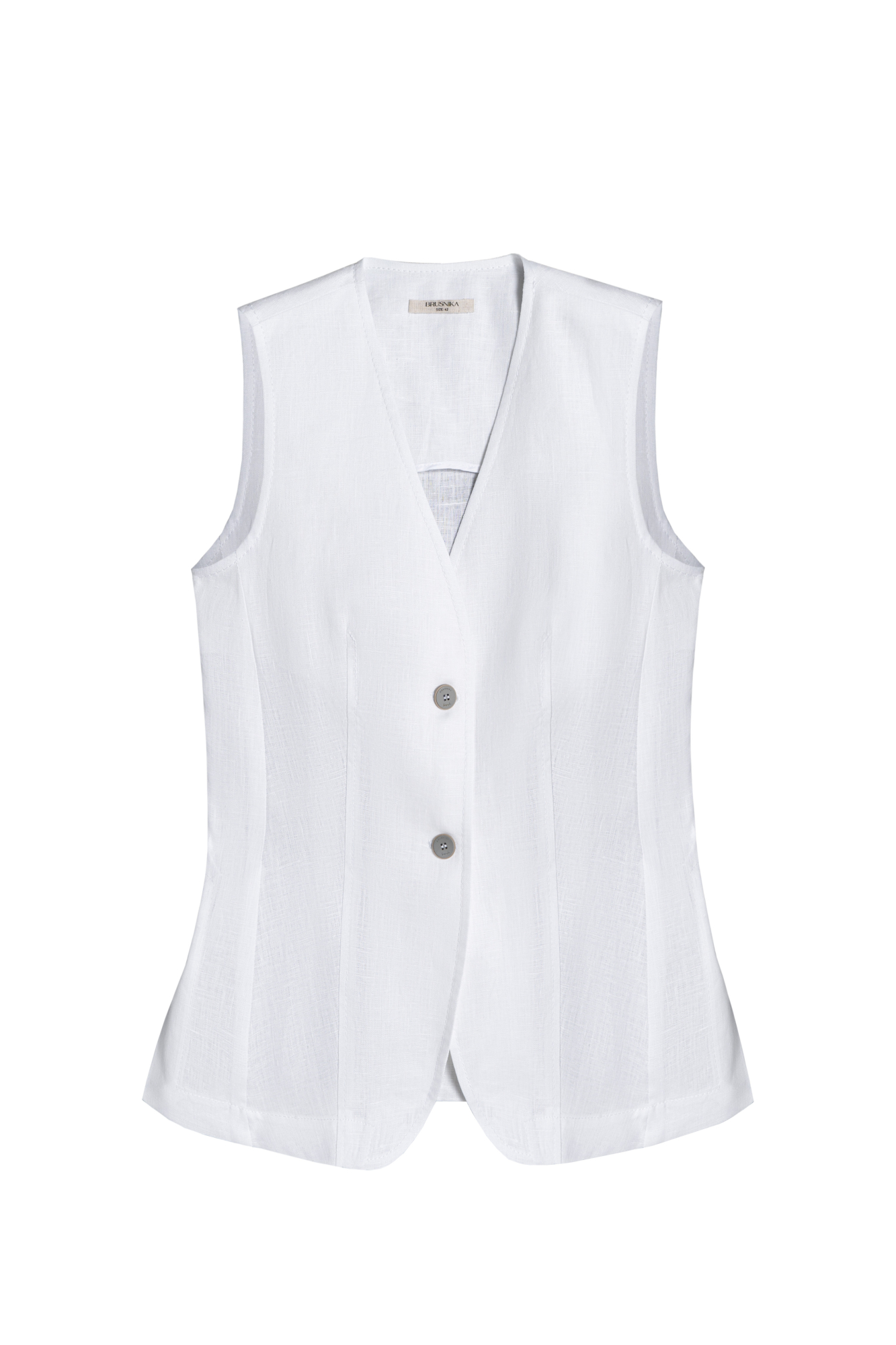 Удлиненный жилет из 100% льна. Модель приталенного силуэта, с V-образным вырезом горловины, вертикальными вытачками, ремнем на спинке и разрезами по бокам. Изделие бех подкладки. 