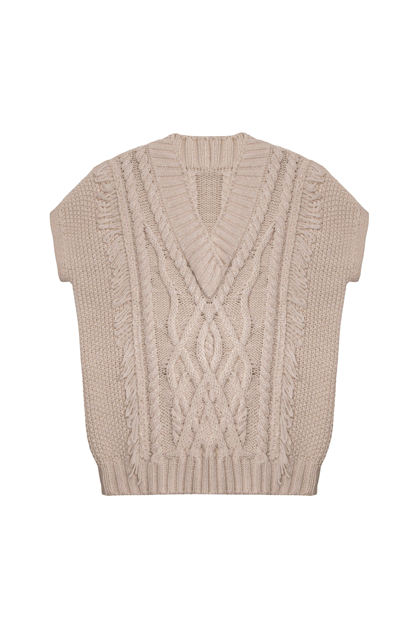 Трикотажный жилет из шерсти альпака с бахрамой и V-образным вырезом.