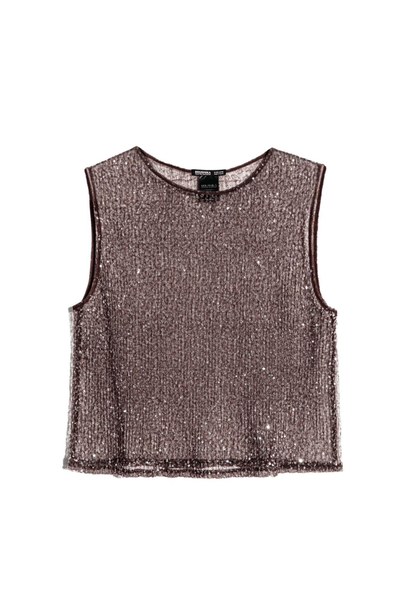 Прозрачный топ без рукавов, с круглым вырезом горловины. Модель декорирована пайетками.