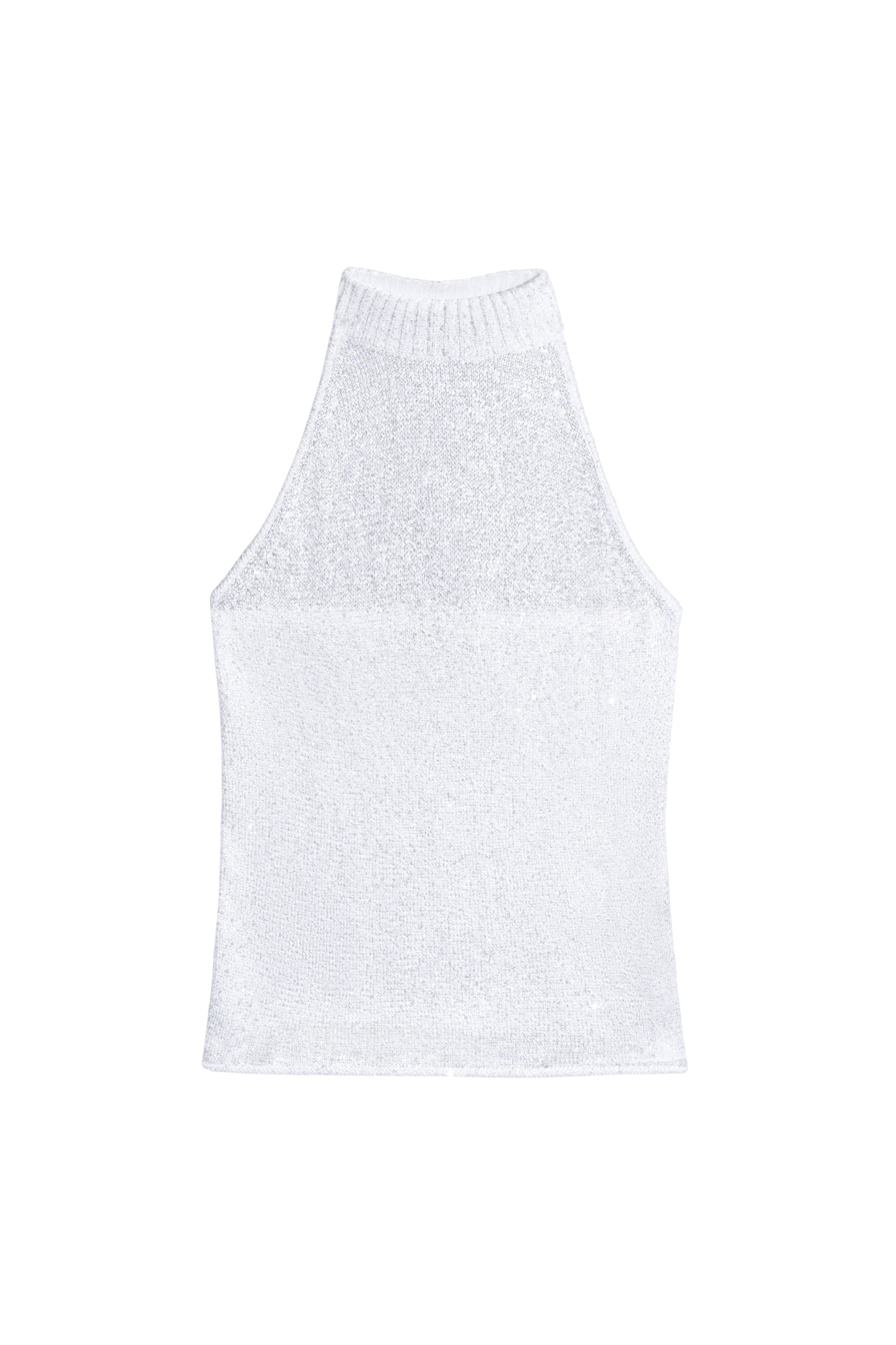 Трикотажный топ из хлопка с пайетками. Модель свободного кроя с американской проймой, высоким воротом и открытой спинкой.