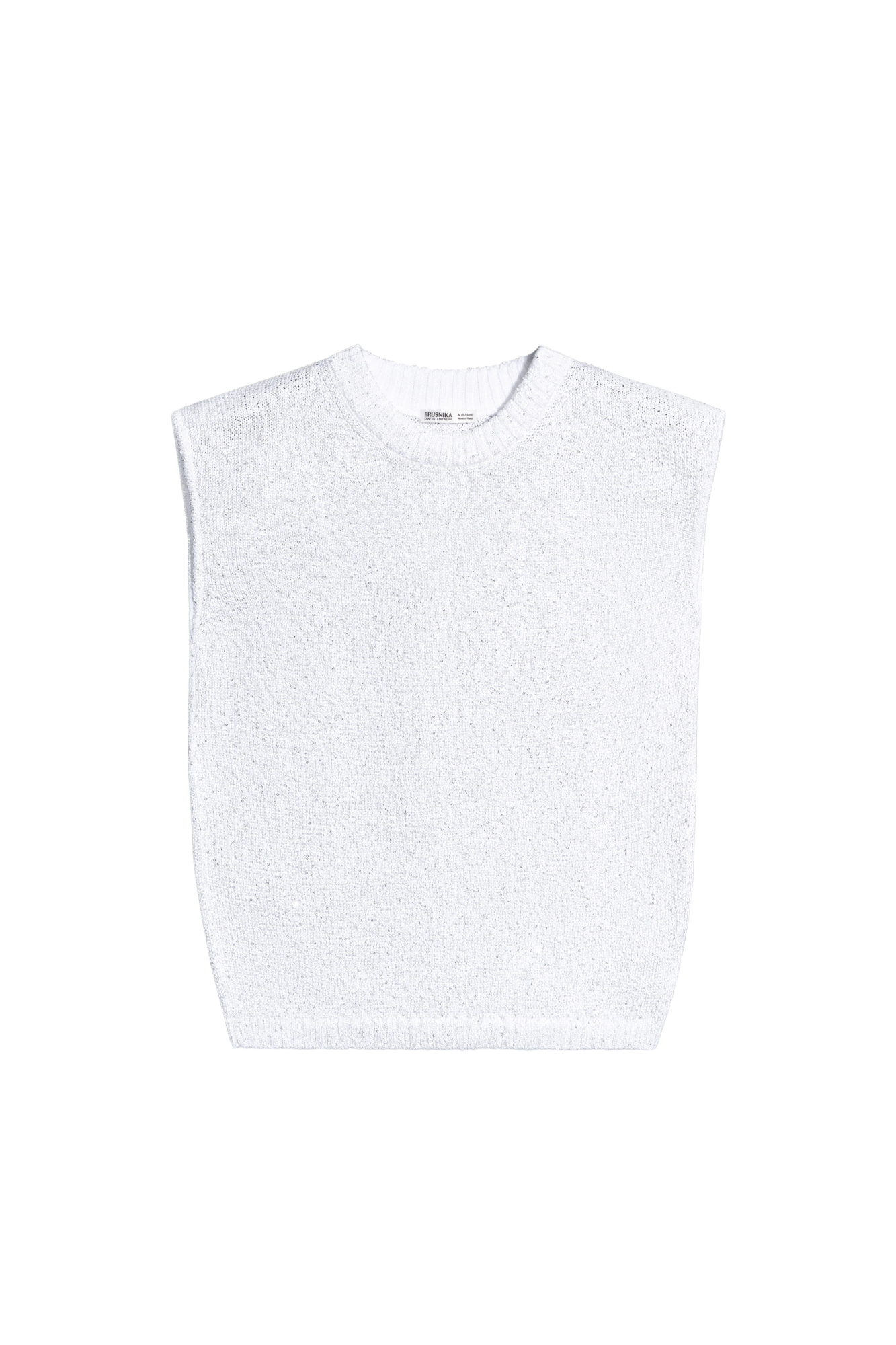 Трикотажный топ из хлопка с пайетками. Модель прямого кроя без рукавов, с круглым вырезом горловины. Края изделия выполнены в рубчик.