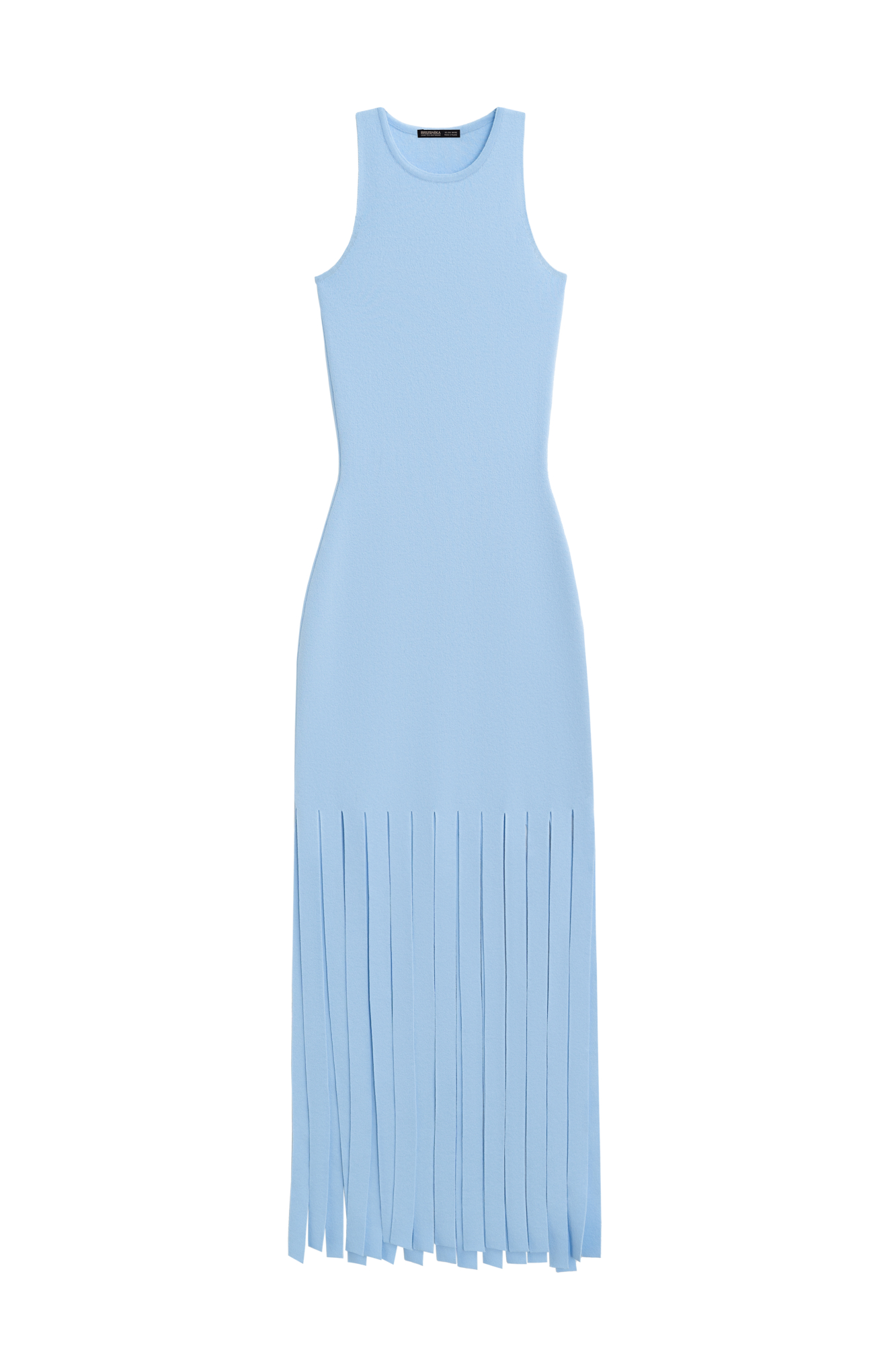 Трикотажное платье длины мини из мягкой вискозы. Модель прителенного лисуэта, без рукавов и круглым вырезом горловины. Изделие декорировано бахромой из широких лент.