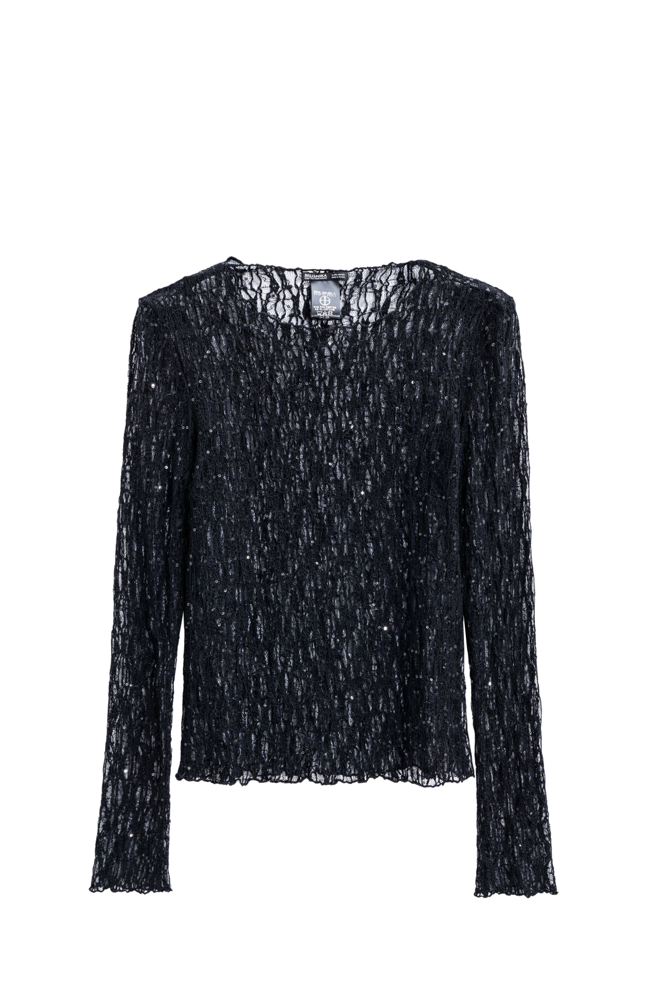 Кружевной лонгслив, декорированный пайетками. Модель по фигуре с горловиной лодочкой.