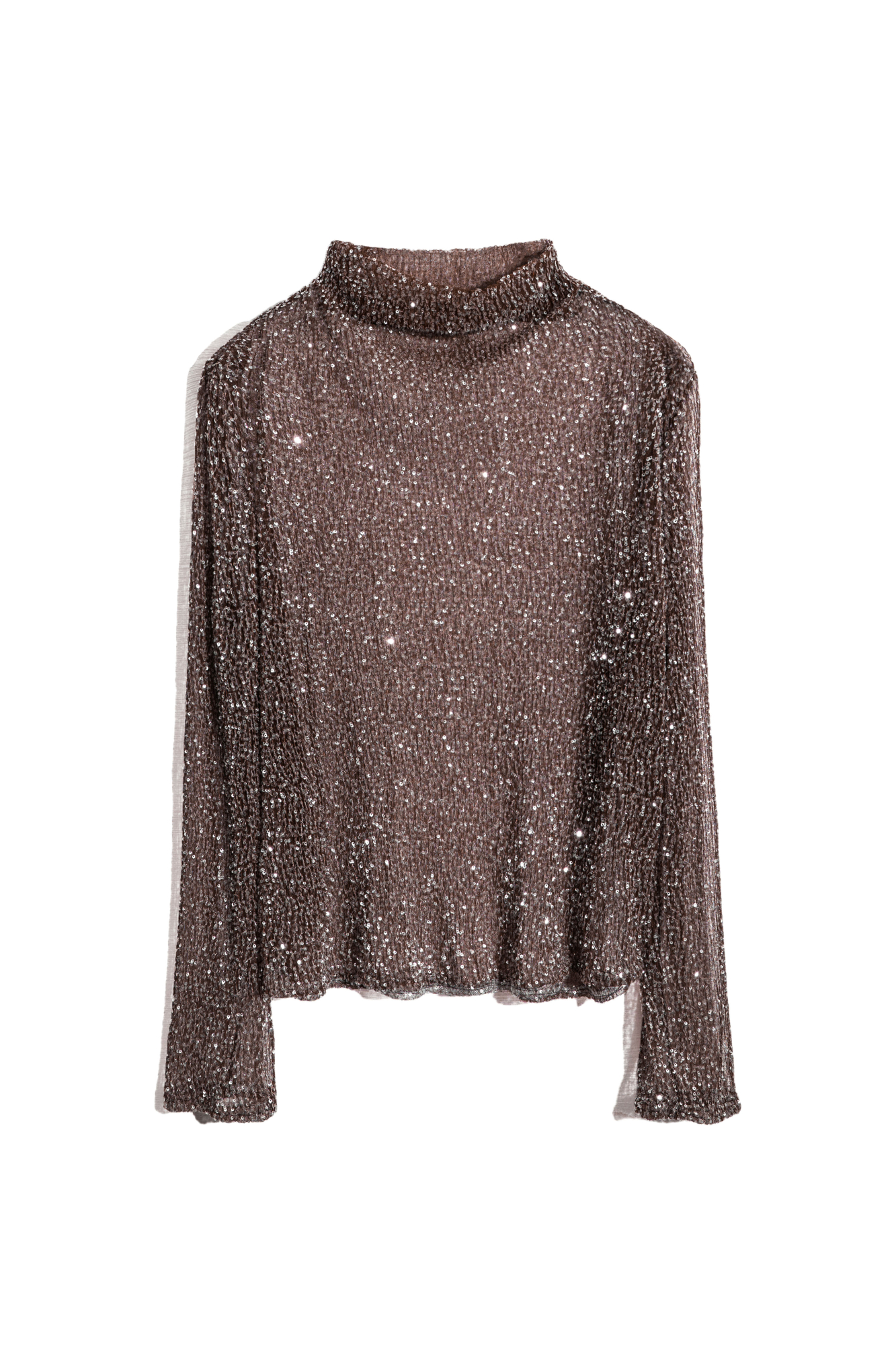 Прозрачный топ с длинными рукавами и воротником-стойкой. Модель декорирована пайетками.