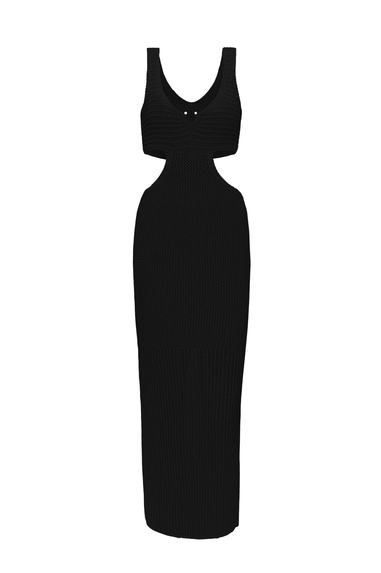 Трикотажный сарафан из 100% хлопка. Модель без рукавов, на широких бретельках, с глубоким вырезом декольте, декорированным металлической фурнитурой. Акцентные вырезы на талии и сзади изделия.