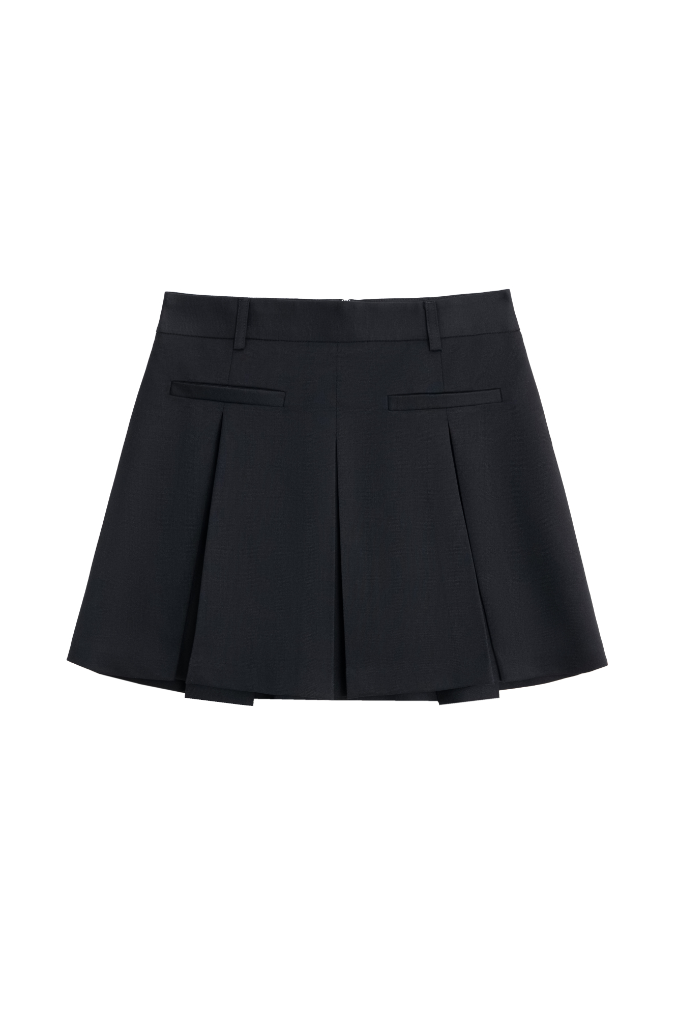 Юбка длины мини из шерсти. Модель прямого кроя, с крупными складками, поясом со шлевками для ремня, врезными карманами спереди и застежкой на молнию. Изделие без подкладки.