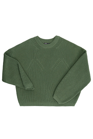 зеленый Трикотажный джемпер из 100% хлопка с декоративными сбавками на груди и воротнике. модель свободного силуэта со спущенной линией плеч и круглым вырезом горловины. Манжеты рукавов и низ изделия выполнены на эластичной резинке.