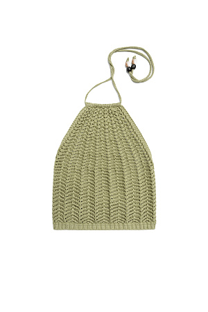 коричневый Трикотажный топ из хлопка. Модель без рукавов, с открытой спиной и вырезом халтер с завязками, декорированными бусинами. Вязка выполнена узором "ёлочка".