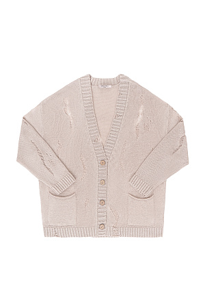 бежевый Кардиган из 100% льна с рваным узором. Дополнить образ можно топом.