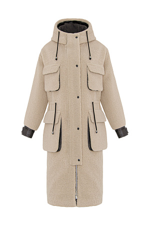 бежевый Длинная куртка из экомеха с контрастными деталями из экокожи. Модель прямого кроя с капюшоном и большими накладными карманами. Застежка на молнию и кнопки. Пояс на кулиске.