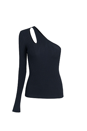 черный Трикотажный топ из вискозы. Модель асимметричного кроя с одним длинным рукавом и открытым плечом. Декоративный вырез на плече. Облегающий силуэт, фактурная ткань в мелкий рубчик.