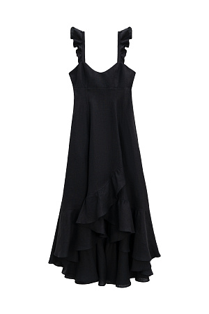 черный Сарафан длины миди из 100%&nbsp;&nbsp;льна. Модель без рукавов на широкиз лямках с оборками, открытой спиной, асимметричным низом и воланами на юбке. 