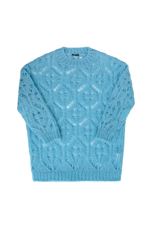 голубой Трикотажный джемпер из мохера с добавлением шерсти. Модель свободного силуэта со спущенным плечом выполненная ажурным переплетением. Края изделия в рубчик.