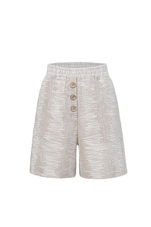 бежевый Шорты из текстурного льна. Модель прямого кроя с поясом на резинке, двумя карманами и декором в виде пуговиц.