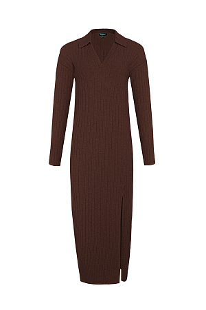 коричневый Трикотажное платье из смесовой шерсти с V-образным вырезом. Модель свободного силуэта длины миди. Длинный рукав и разрез на ноге.