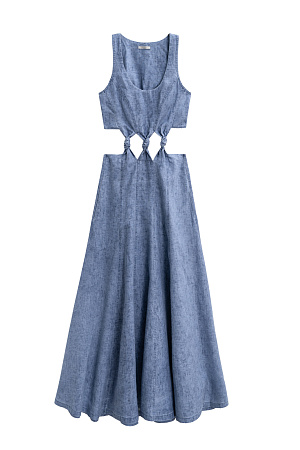 синий Платье длины миди из 100% льна. Модель приталенного силуэта с расклешенной юбкой, без рукавов, на широких бретельках и&nbsp;&nbsp;U-вырезом горловины. Изделие декорировано вертикальными швами и объемными узлами на талии. 