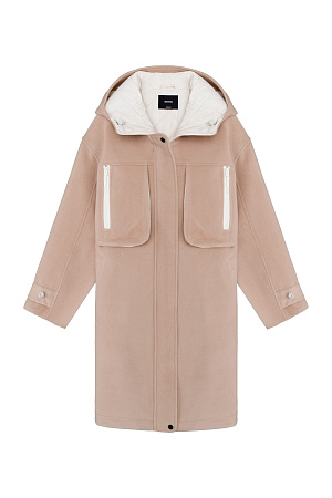 бежевый Свободное пальто из шерсти. Модель с капюшоном, накладными карманами на груди и манжетами с фиксаторами. На стеганой подкладке.
