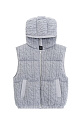 Стеганый жилет на пуху с трикотажным верхом, выполненным объемными косами из мягкой шерсти. Модель прямого кроя, с капюшоном и двумя карманами. Низ изделия выполнен на резинке. На подкладке. 