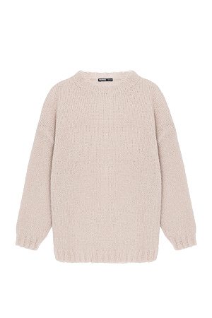 бежевый Трикотажный полупрозрачный джемпер из смесовой шерсти с добавлением мохера. Модель свободного силуэта со спущенной линией плеч и круглым вырезом горловины. Манжеты и низ изделия выполнены в широкий рубчик.