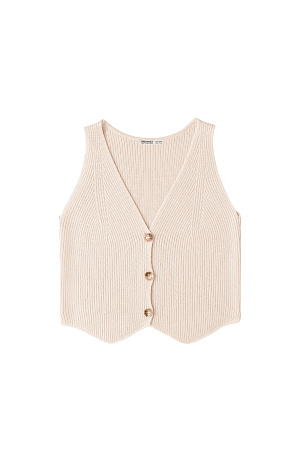 бежевый Трикотажный жилет из хлопка. Модель прямого кроя с V-образным вырезом и застежкой на пуговицы. Дополнить образ можно юбкой в таком же стиле.