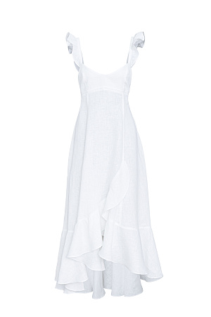 белый Сарафан длины миди из 100%&nbsp;&nbsp;льна. Модель без рукавов на широкиз лямках с оборками, открытой спиной, асимметричным низом и воланами на юбке. 