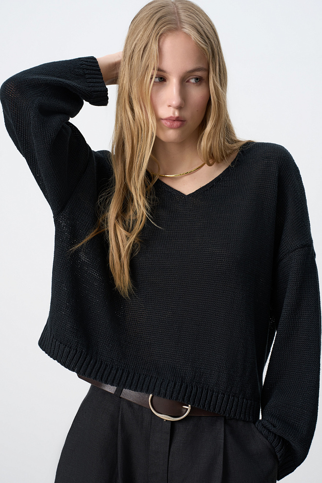 Джемпер из 100% льна с V-образным вырезом