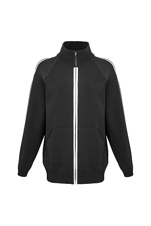 черный Трикотажный бомбер из вискозы с воротником-стойкой. Модель прямого силуэта с длинным рукавом и контрастными лампасами. Манжеты рукавов и низ изделия выполнен на резинке. Даа кармана. Застежка на молнии.